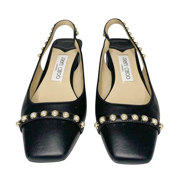 Jimmy Choo Hya 45 Pearl Stud Slingback Pump Black Leather Block Heel Size 37 - Picture 2 of 11
